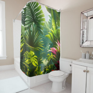 Rideaux De Douche Feuilles tropicales colorées et fleurs d'Hibiscus 