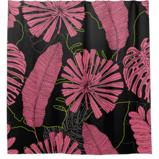 Rideaux De Douche Feuilles tropicaux dessinés à la main. Plante exot