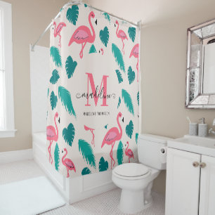 Rideaux De Douche Feuilles tropicaux Flamant rose rose chaud Monogra