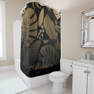 Rideaux De Douche Feuilles tropicaux Noir et Or