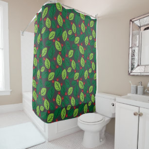 Rideaux De Douche Feuilles Vertes, Baies Rouges, Motif De Feuilles