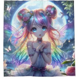Rideaux De Douche Fille Anime Cheveux Arc-en-Ciel Chantant Fée Lune