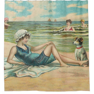 Rideaux De Douche Fille et chien victoriens vintage au bord de la me