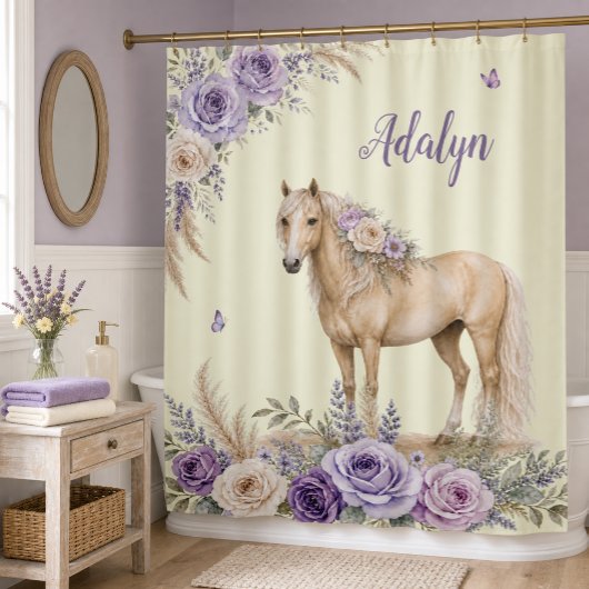 Rideaux De Douche Fille Monogramme Cheval Rose Jaune Violet