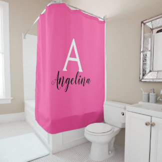Rideaux De Douche Fille Rose Hot Blanc & Noir Nom Monogramme