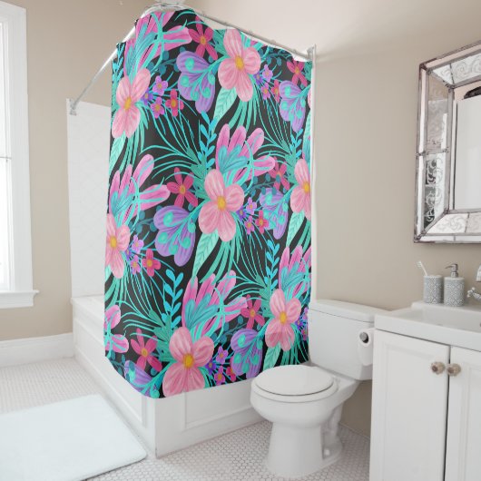 Rideaux De Douche Fille rose violet Turquoise Aquarelle Fleurs Feuil (En situation)