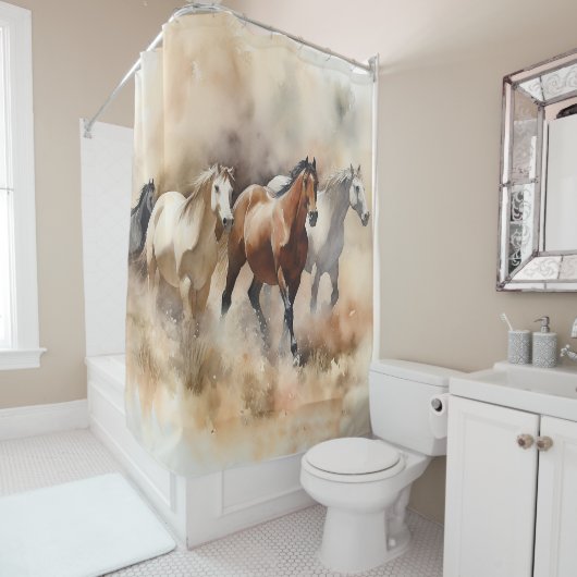 Rideaux De Douche "Five Gallopoping Mustangs" Dusty Western Watercol (En situation)
