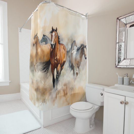 Rideaux De Douche "Five Wild Mustangs" Aquarelle Occidentale Dusty (En situation)