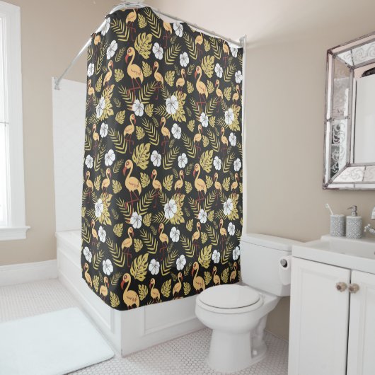 Rideaux De Douche Flamant rose continu motif fleurs jaune et blanc (En situation)