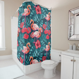 Rideaux De Douche Flamant rose et aquarelle du jardin tropical