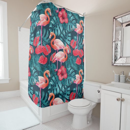 Rideaux De Douche Flamant rose et aquarelle du jardin tropical (En situation)
