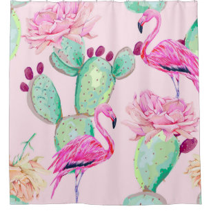 Rideaux De Douche flamant rose, oiseaux exotiques, fleurs douces, ro