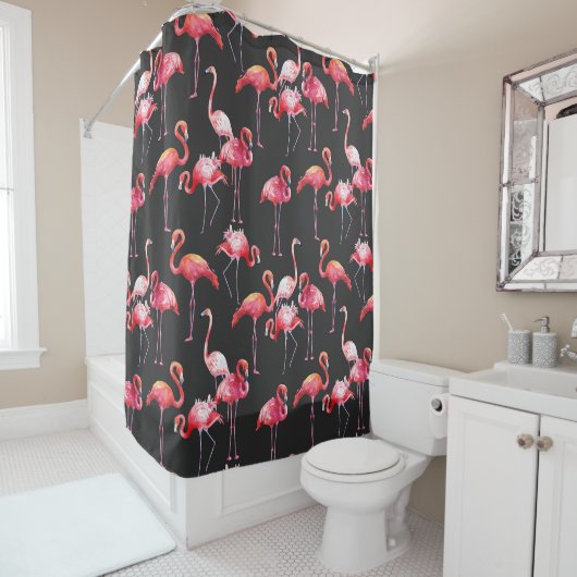Rideaux De Douche Flamant rose rose : Motif d'aquarelle tropicale. (En situation)