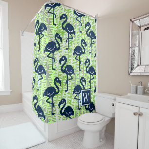 Rideaux De Douche Flamant Tropical - Clé Grecque Navy & Lime