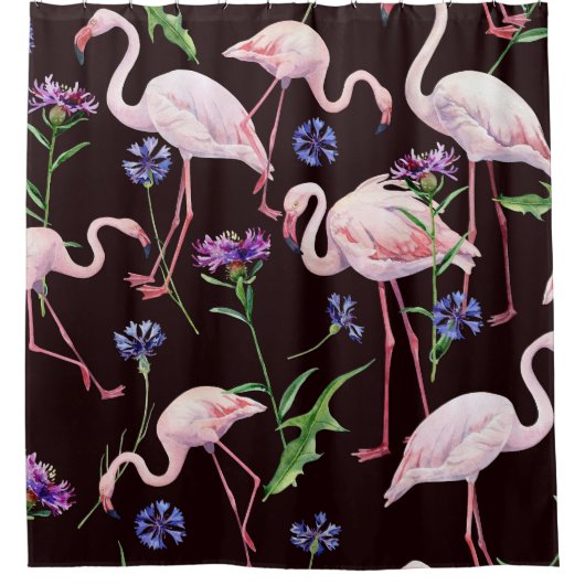 Rideaux De Douche Flamants d'aquarelle et fleurs sauvages motif. (Devant)