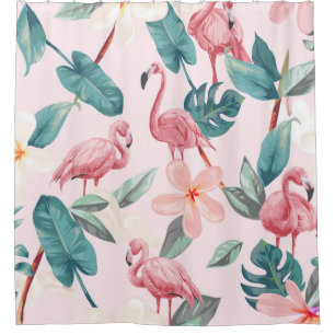 Rideaux De Douche flamants et fleurs tropicales sans soudure illustr