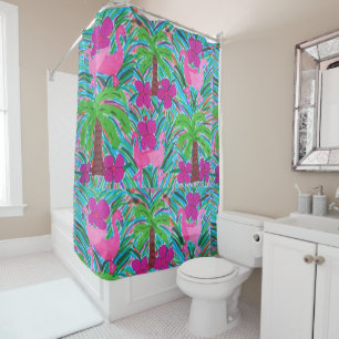 Rideaux De Douche Flamants roses et palmiers