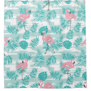 Rideaux De Douche flamants roses, feuilles de palmiers verts, tropic
