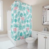 Rideaux De Douche flamants roses, feuilles de palmiers verts, tropic (En situation)