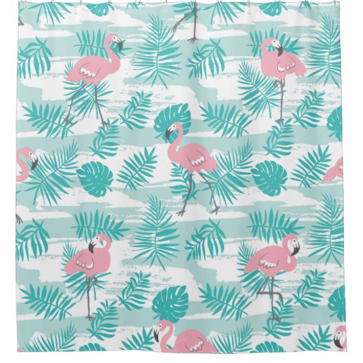 Rideaux De Douche flamants roses, feuilles de palmiers verts, tropic (Devant)