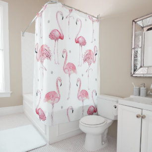 Rideaux De Douche Flamants roses roses Gris Pois Chic Tropical
