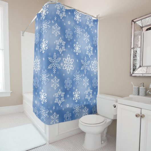 Rideaux De Douche Flammes De Neige Blanches Sur Bleu Icy (En situation)