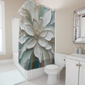 Rideaux De Douche Fleur Abstraite Bleu Vert Or et Blanc (En situation)
