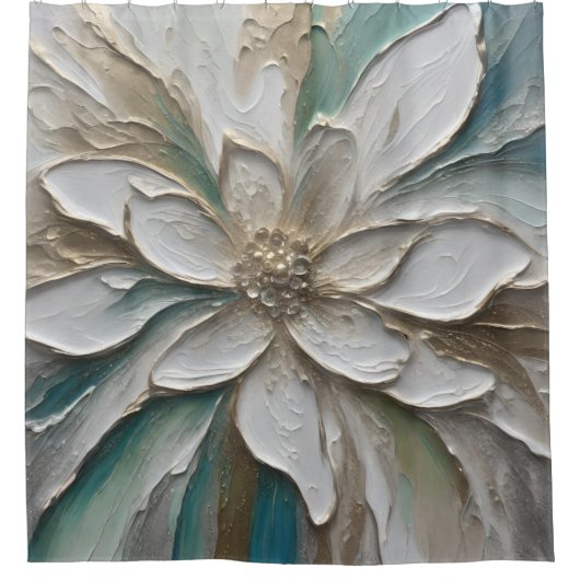 Rideaux De Douche Fleur Abstraite Bleu Vert Or et Blanc (Devant)