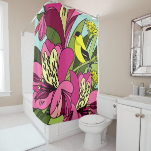 Rideaux De Douche Fleur Alstroemeria Et Oiseau Goldfinch