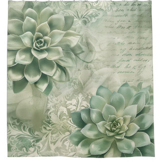 Rideaux De Douche Fleur botanique verte menthe vintage (2)