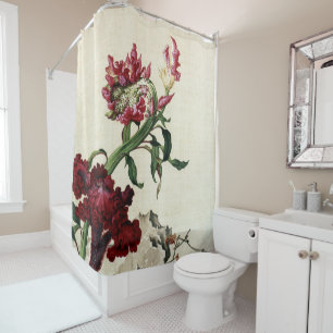 Rideaux De Douche Fleur d'art vintage coqscomb rouge en chinoiserie