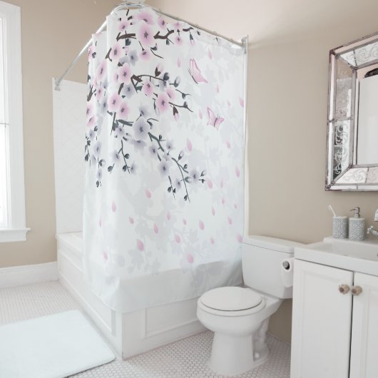 Rideaux De Douche Fleur de cerisier blanc rose pâle (En situation)