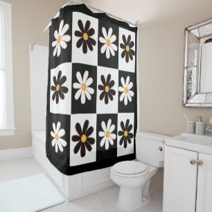 Rideaux De Douche Fleur de daisy florale rétro noir et blanc