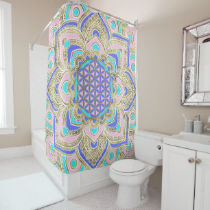Rideaux De Douche Fleur de la vie en pastels et or de Lotus