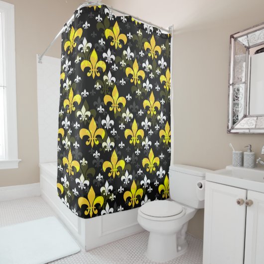 Rideaux De Douche Fleur De Lis Blanc Jaune (En situation)
