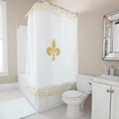Rideaux De Douche Fleur_de_Lis Fleur & Confettis Dorés sur Fond Blan (En situation)