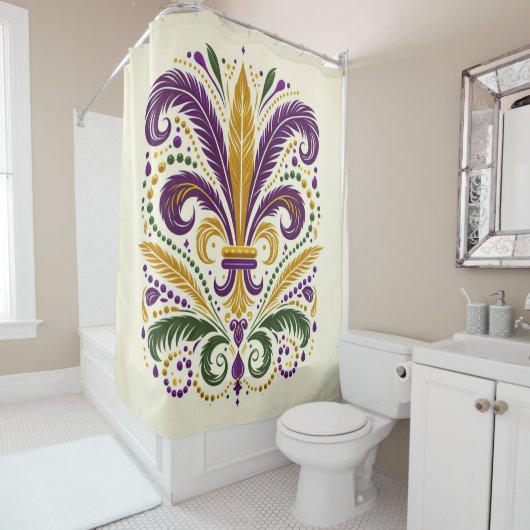 Rideaux De Douche Fleur de lis jaune et vert violet (En situation)