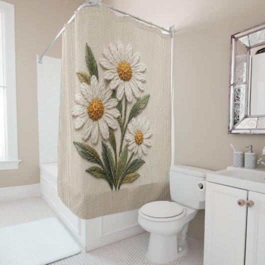 Rideaux De Douche Fleur de Pâquerette Brodée (En situation)