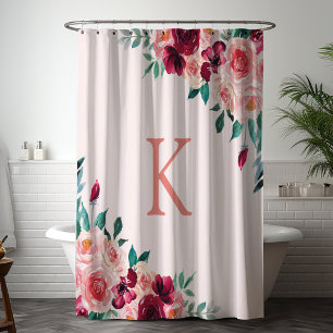 Rideaux De Douche Fleur de rose burgundy boho aquarelle monogramme