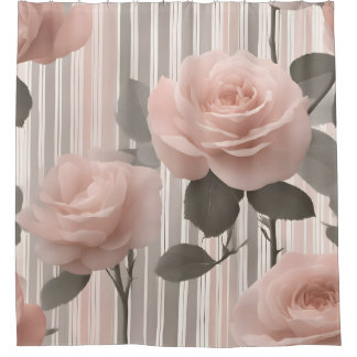 Rideaux De Douche Fleur de rose rose et rayures, aspect vintage