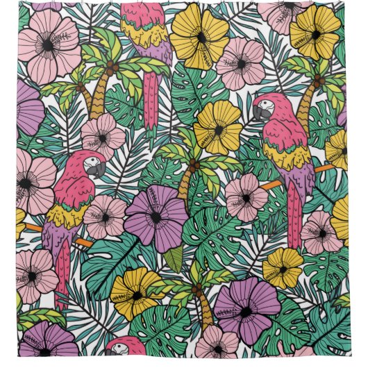 Rideaux De Douche Fleur d'hibiscus tropicale avec palme, perroquets (Devant)