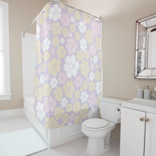 Rideaux De Douche Fleur Motif - Pastel rose, jaune et violet (En situation)
