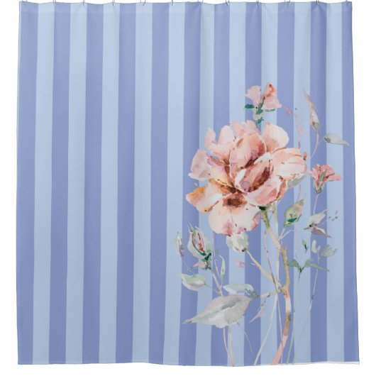 Rideaux De Douche Fleur rose pâle sur bandes bleues (Devant)