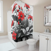 Rideaux De Douche Fleur rouge sur Plante noir blanc (En situation)