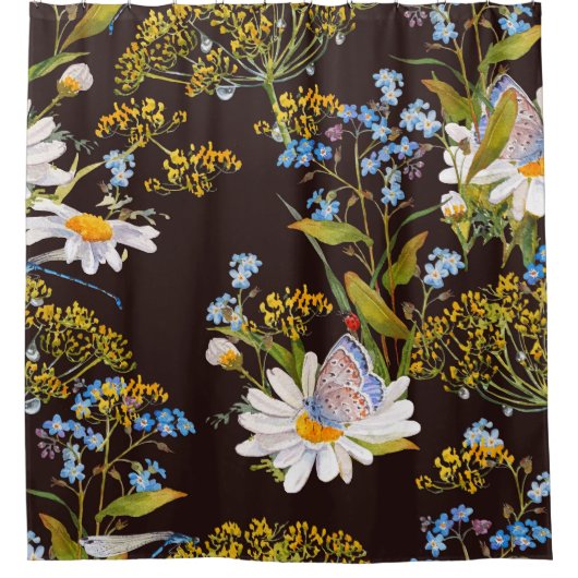 Rideaux De Douche Fleur sauvage : aquarelle arrière - plan noire (Devant)