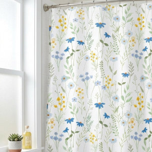 Rideaux De Douche Fleur sauvage aquarelle bleu jaune