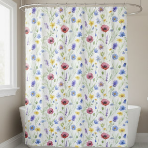 Rideaux De Douche Fleur sauvage aquarelle bleu violet rouge