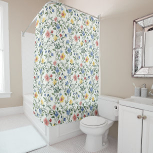 Rideaux De Douche Fleur sauvage aquarelle bleue jaune