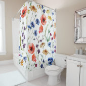 Rideaux De Douche Fleur sauvage Aquarelle Poppy Chamomile Arrière -  (En situation)