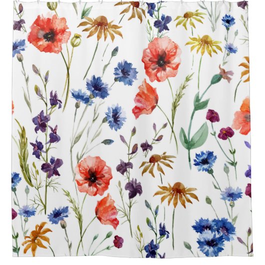 Rideaux De Douche Fleur sauvage Aquarelle Poppy Chamomile Arrière -  (Devant)